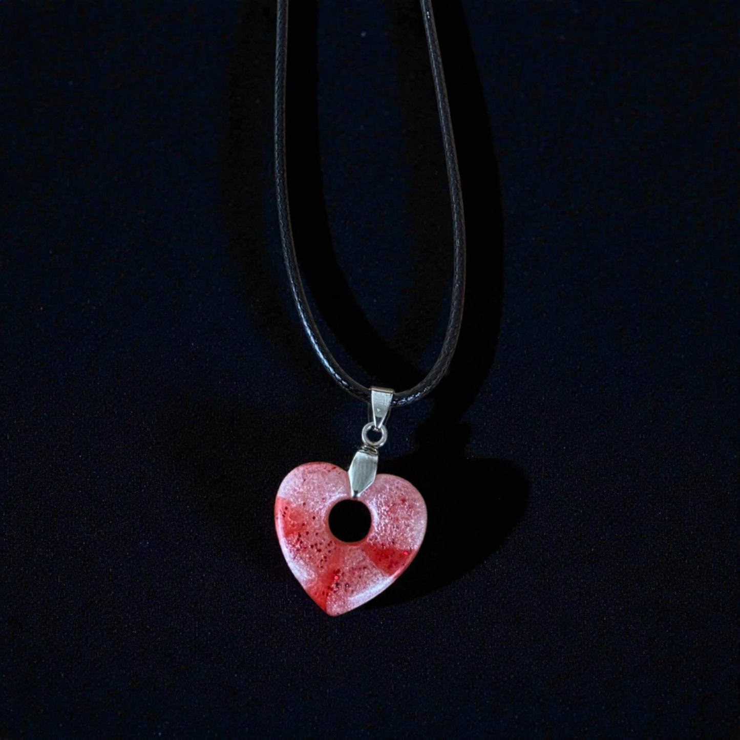 CHARM HEART Necklace – Pink and red marbled satin heart on a black cord