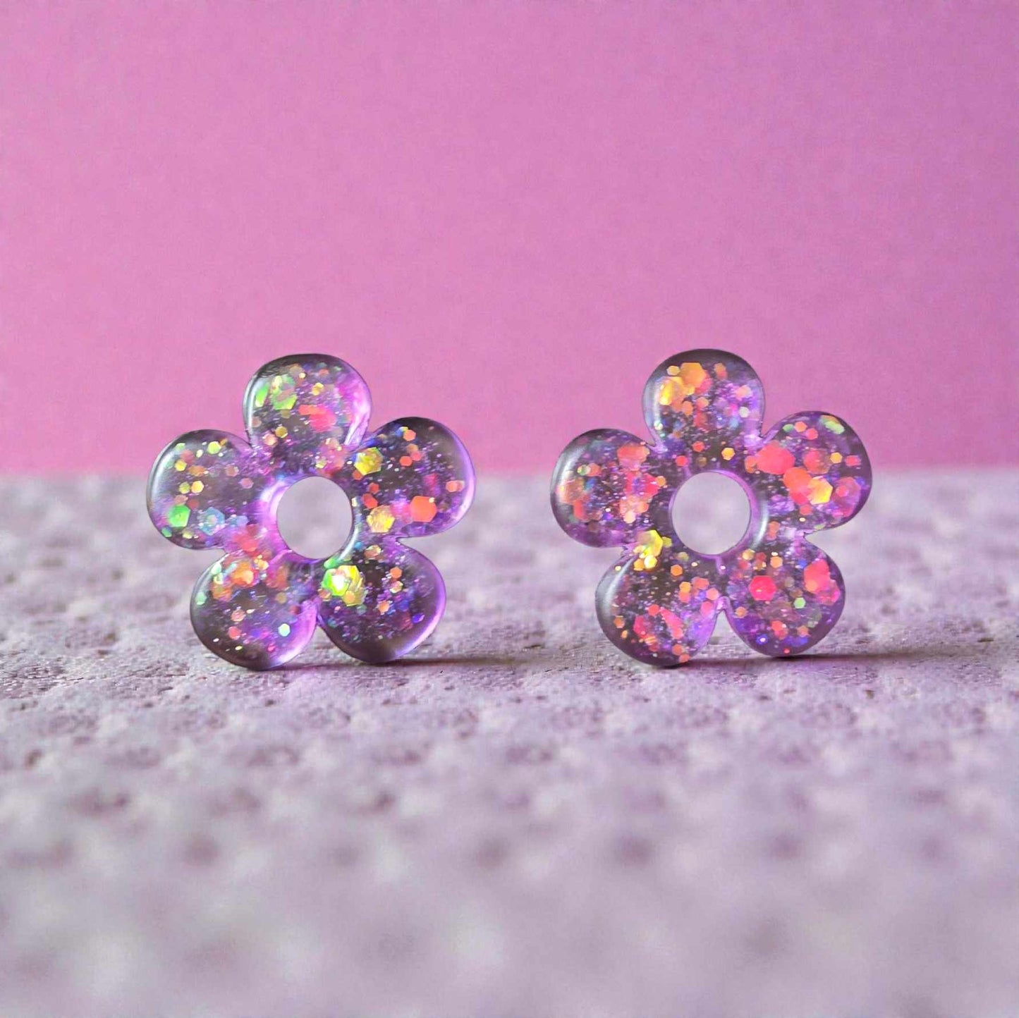 ZEPPLINE LED Earrings – Translucent purple glitter flower, sold without hoops