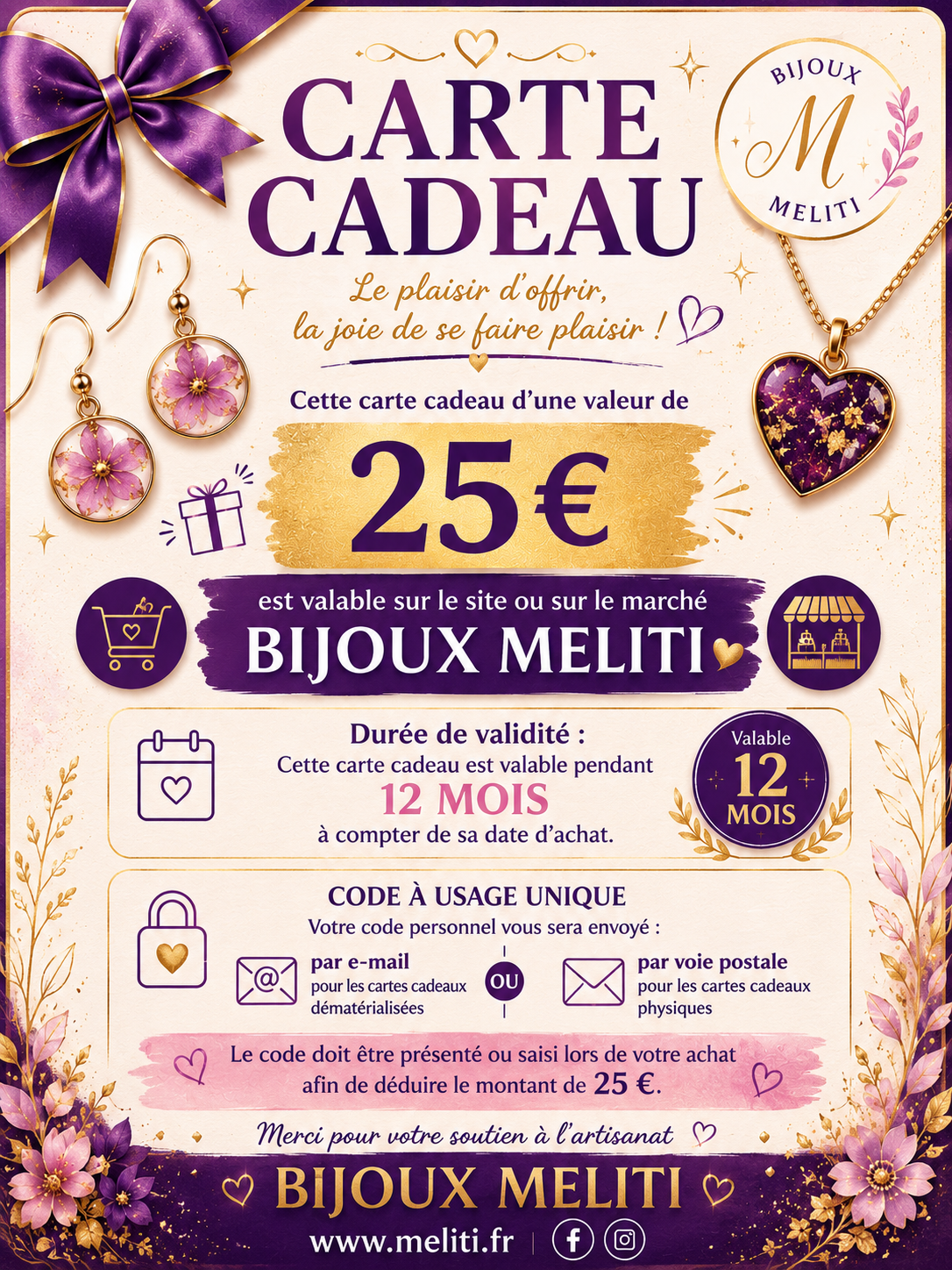 🎁 CARTE CADEAU – BIJOUX MELITI 🎁 25 €