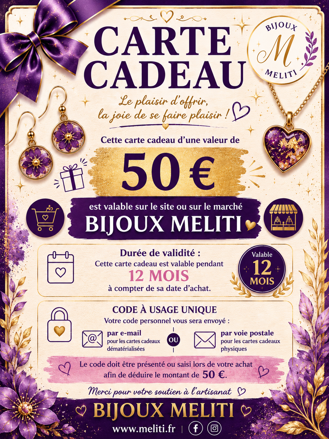 🎁 CARTE CADEAU – BIJOUX MELITI 🎁 50 €