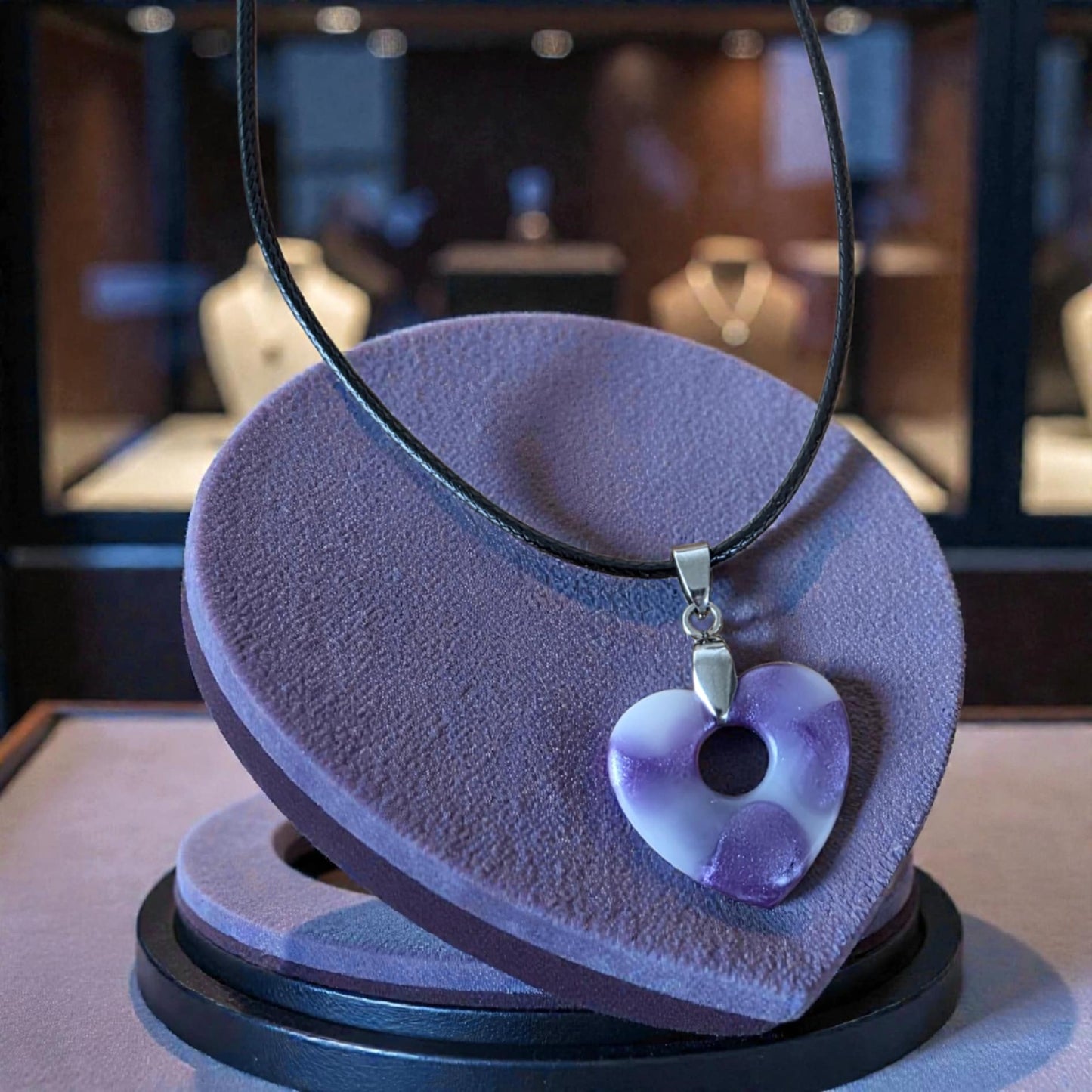 CHARM HEART Necklace – Satin marbled purple heart on a black cord