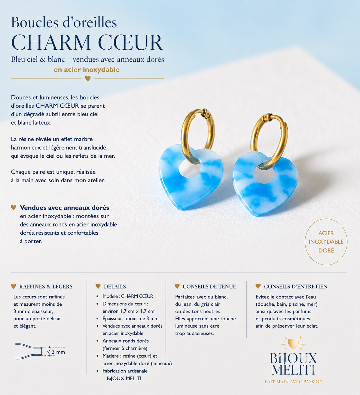 💙✨ Boucles d’oreilles CHARM CŒUR – Bleu ciel marbré
