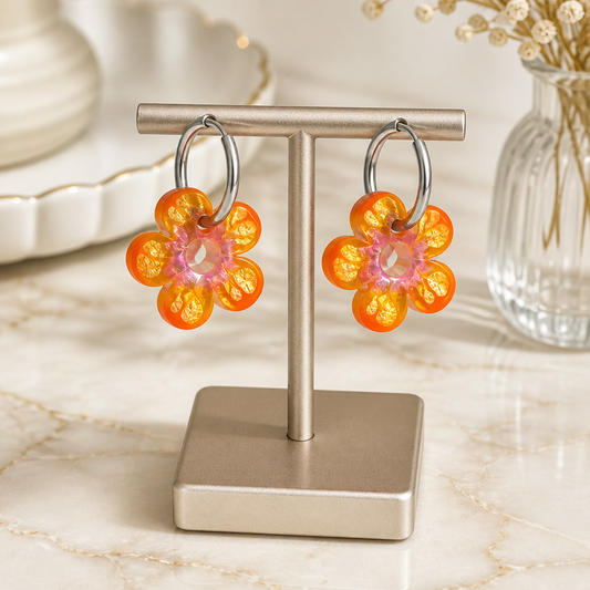 🧡✨ Boucles d'oreilles LED ZEPPLINE – Fleur orange solaire, vendues avec anneaux argentés en acier inoxydable