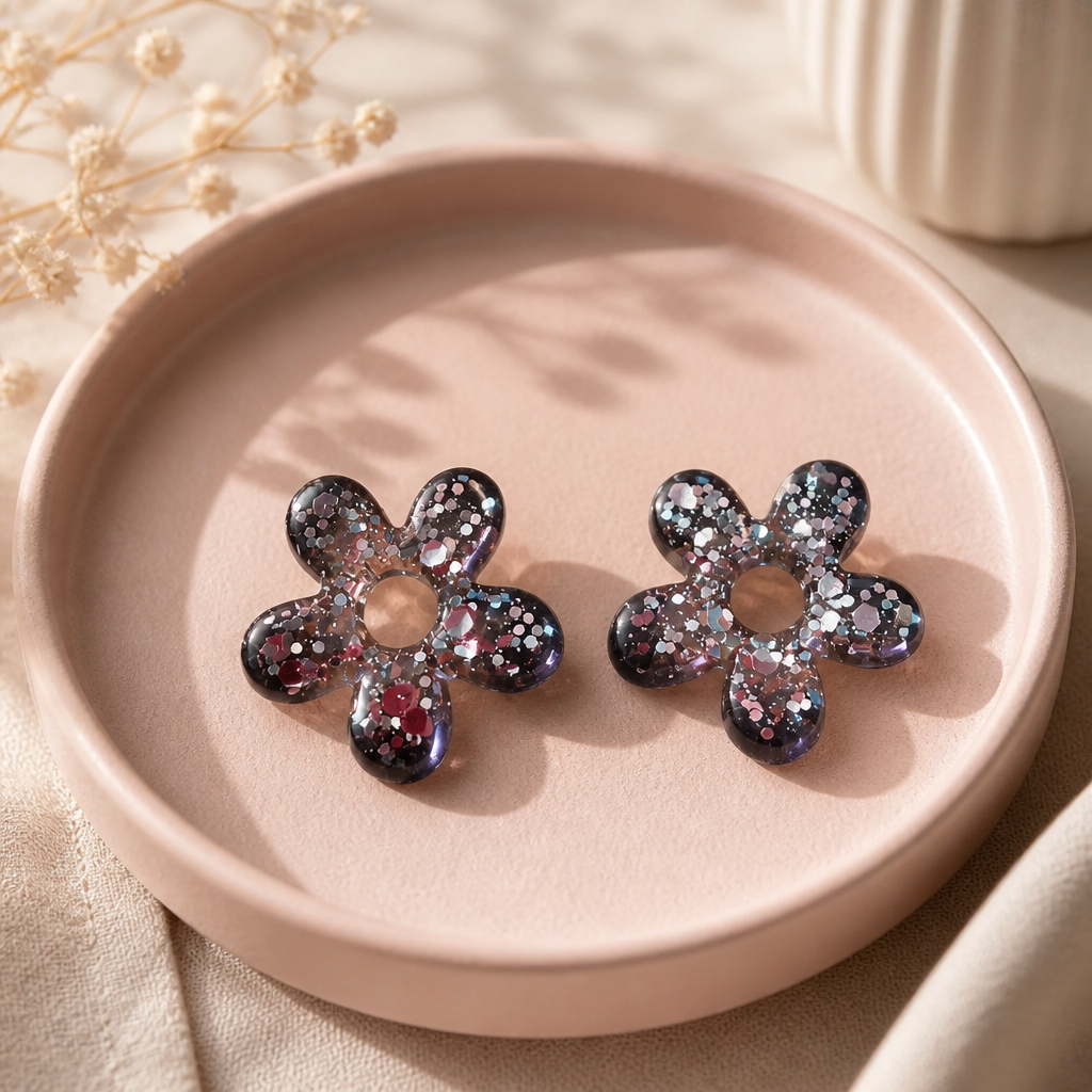 đ€đ GLOW FLOWER â Noir fumĂ© & Paillettes rosĂ©es