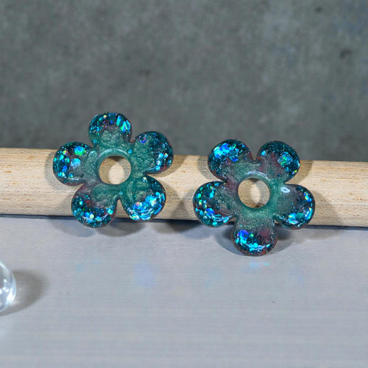 ZEPPLINE LED Earrings – Iridescent blue-green glitter flower, sold with or without rectangular hoops