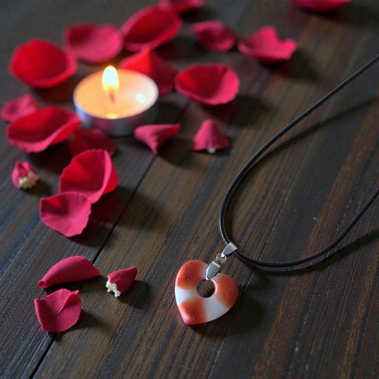 CHARM HEART Necklace – Red and white satin heart on a black cord