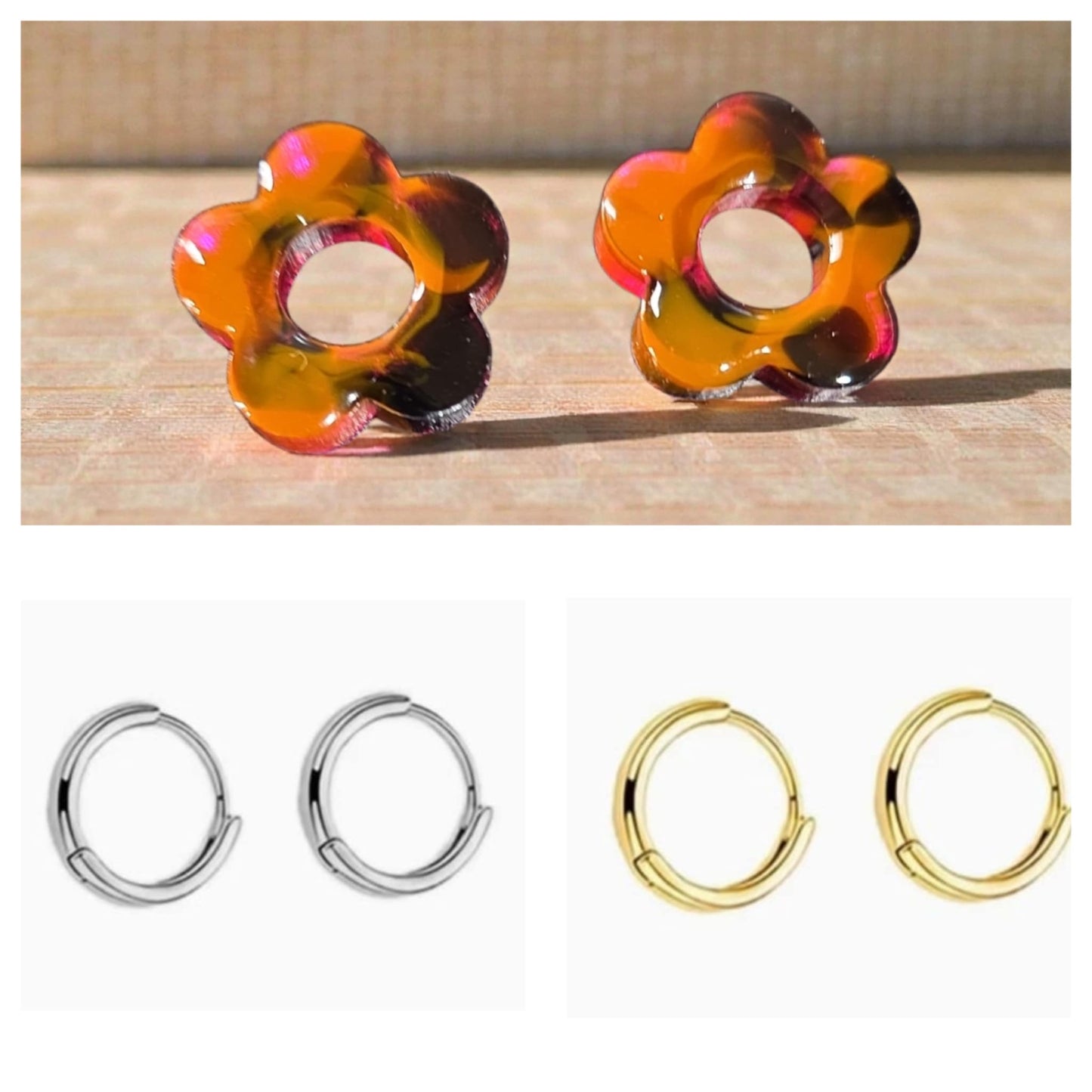 Boucles d’oreilles PAMPILLES – Fleur ajourée ambrée marbrée, vendues avec ou sans anneaux