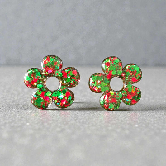 ZEPPLINE LED Earrings – Green and red glitter flower, sold without hoops