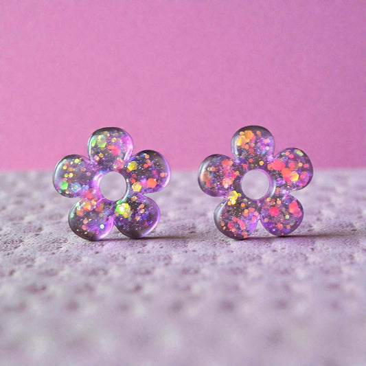 ZEPPLINE LED Earrings – Translucent purple glitter flower, sold without hoops