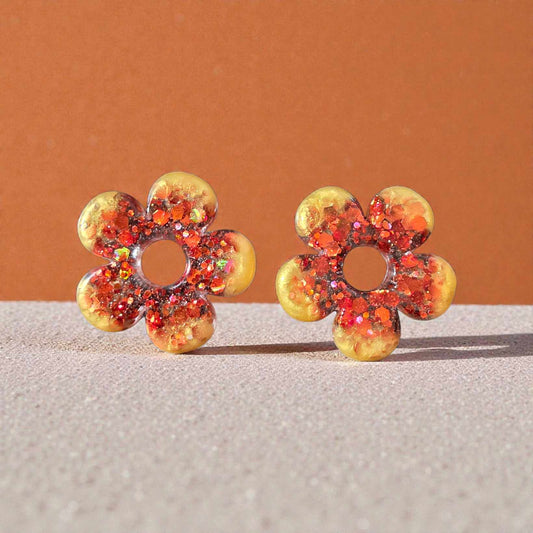 ZEPPLINE LED Earrings – Pink-orange glitter flower, sold without hoops