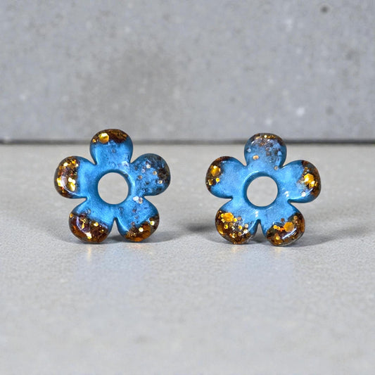 ZEPPLINE LED Earrings – Deep blue openwork flower with gold highlights, sold with or without hoops