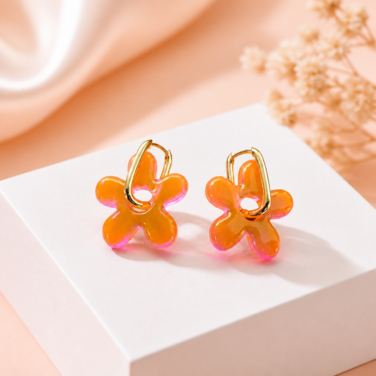 🧡 Boucles d’oreilles GLOW FLOWER – Orange & Doré