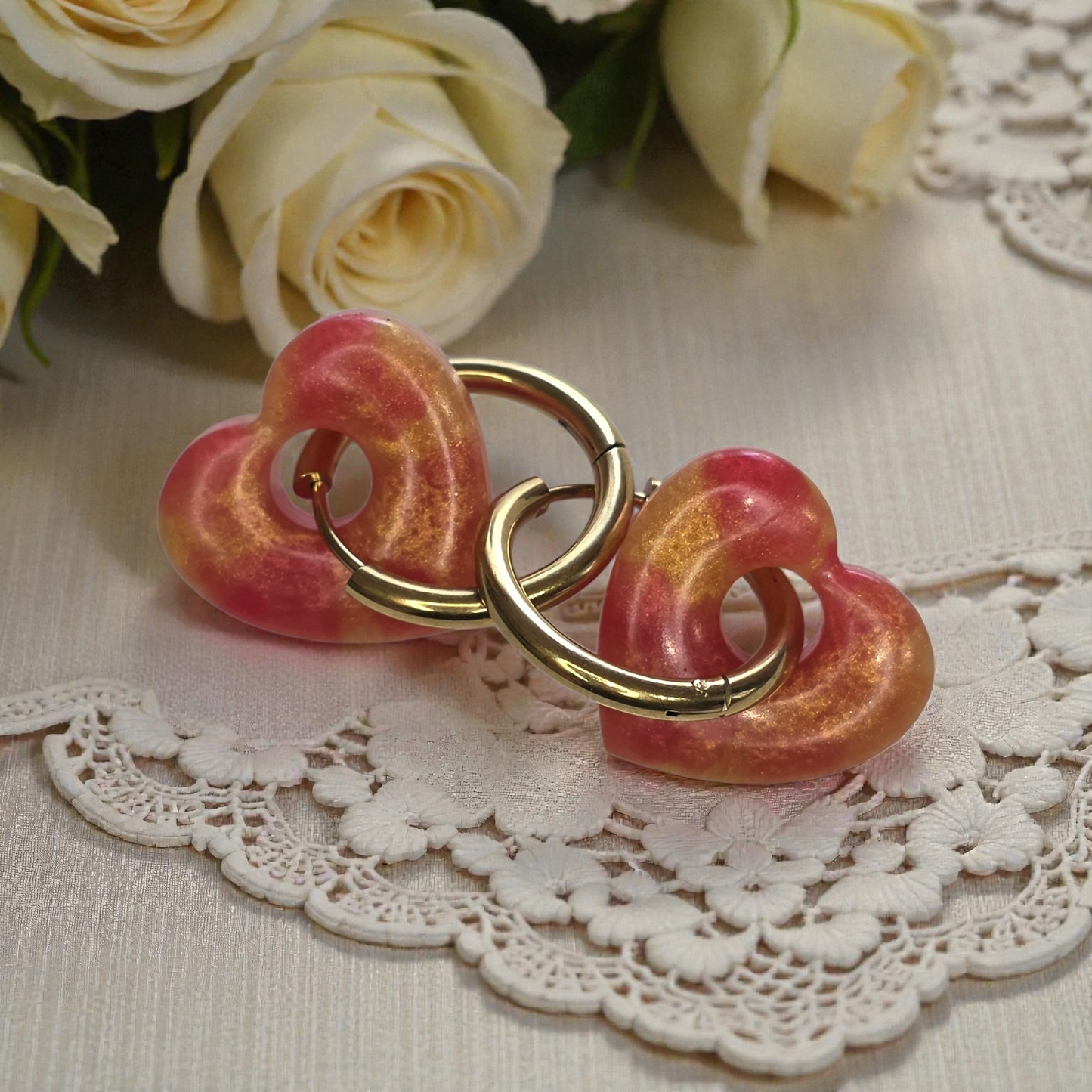 HEART CHARM - Pink and gold pearlescent resin on a gold ring