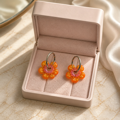 🧡✨ Boucles d'oreilles LED ZEPPLINE – Fleur orange solaire, vendues avec anneaux argentés en acier inoxydable
