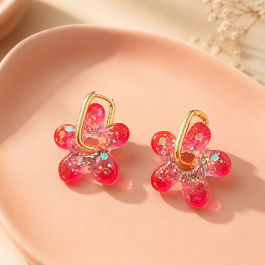 💖 Boucles d’oreilles GLOW FLOWER – Rose pailleté & Doré