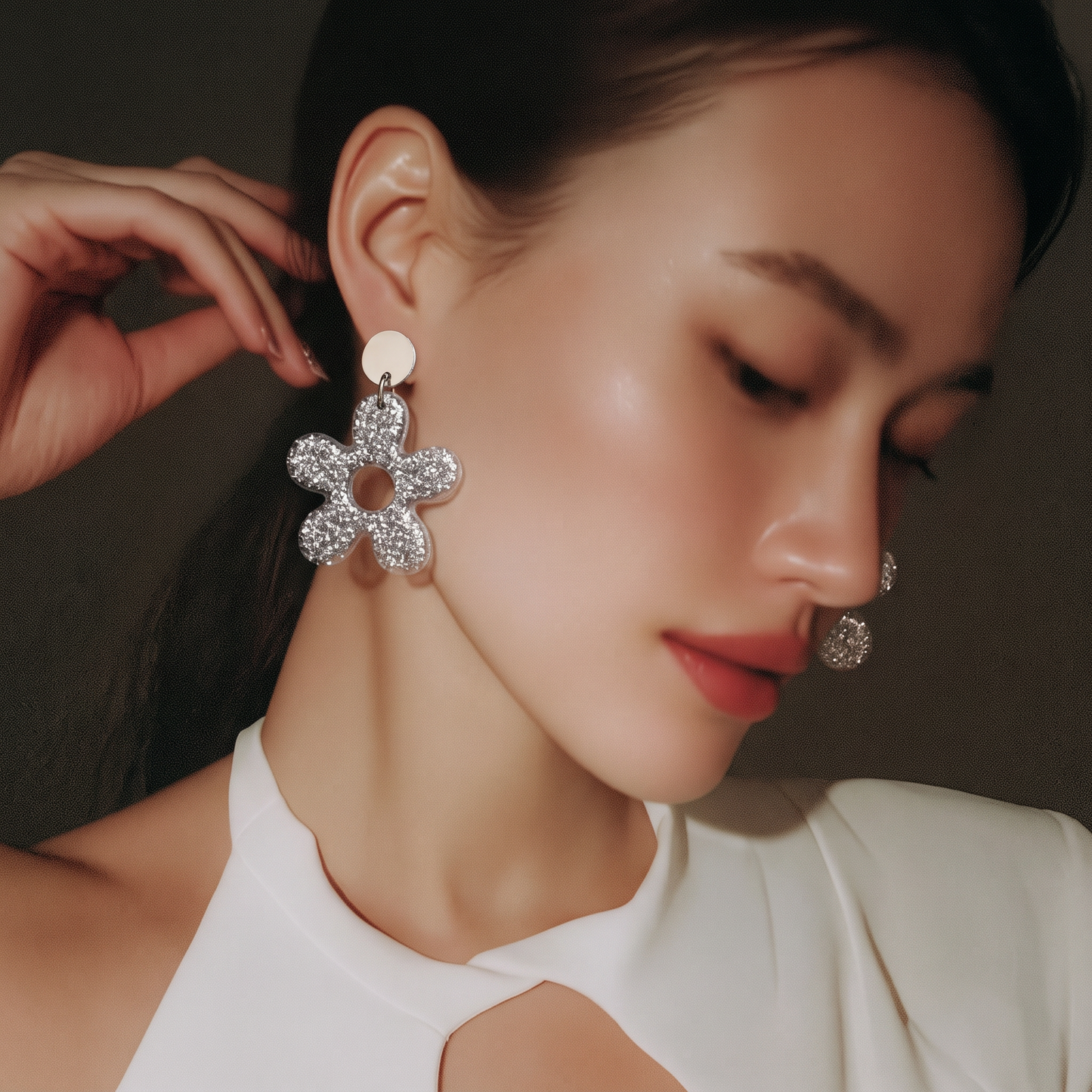 Boucles d'oreilles Glow Flower – Argent Pailleté
