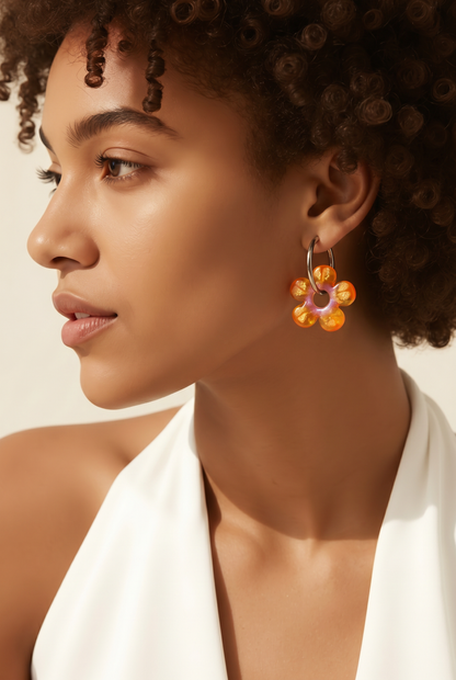 🧡✨ Boucles d'oreilles LED ZEPPLINE – Fleur orange solaire, vendues avec anneaux argentés en acier inoxydable
