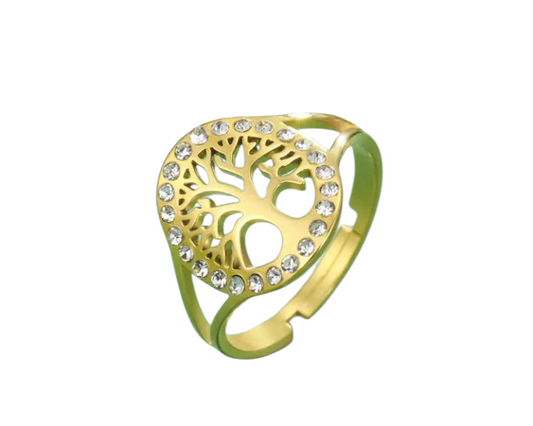 Bague « Arbre de Vie » dorée et ornée de strass
