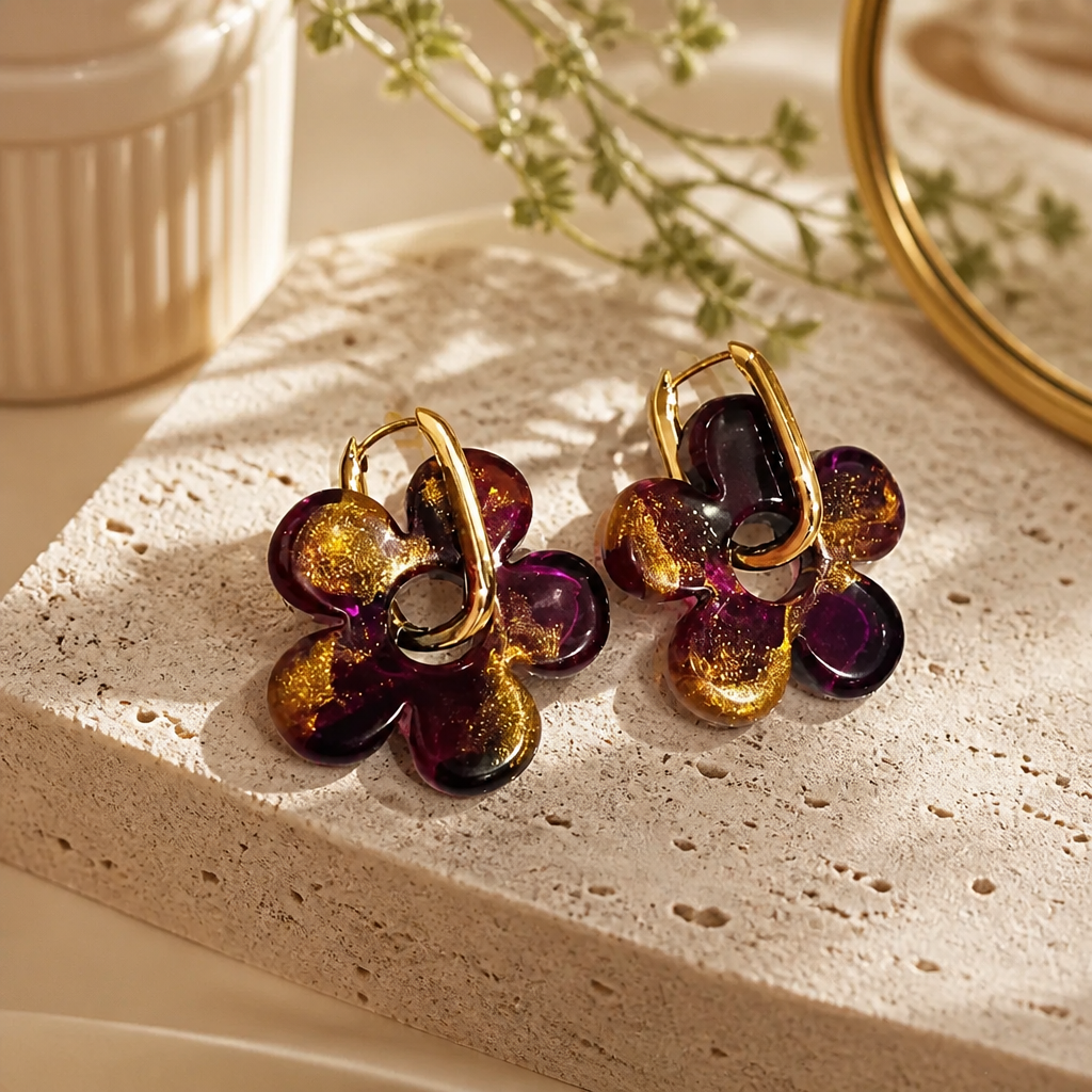 🌸 Boucles d’oreilles LED ZEPPLINE – Prune & éclats dorés