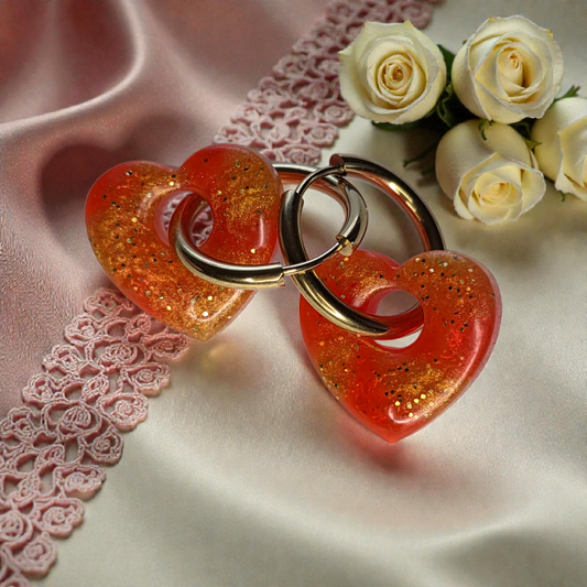 HEART CHARM – Coral orange and gold glitter resin on a gold ring