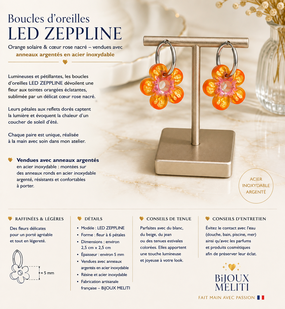 🧡✨ Boucles d'oreilles LED ZEPPLINE – Fleur orange solaire, vendues avec anneaux argentés en acier inoxydable