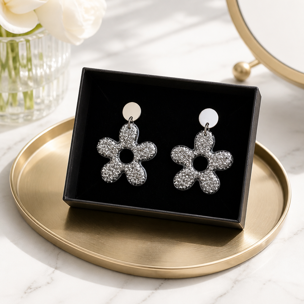 Boucles d'oreilles Glow Flower – Argent Pailleté